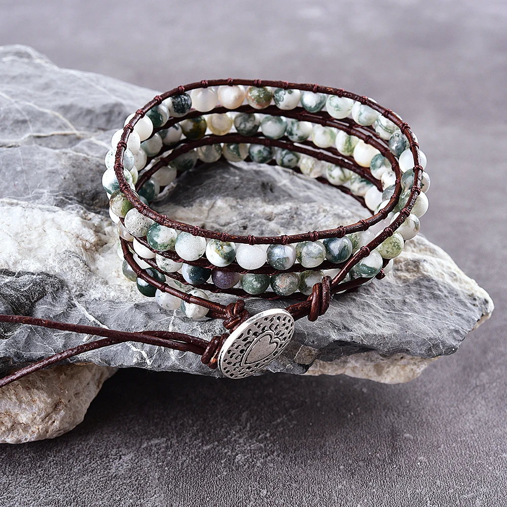 

Asingeloo Matte Moss Agate Stone Beads Leather Bracelets 3 Wraps Strands Wrap Bracelets Woven Multilayer Boho Bracelet Jewelry