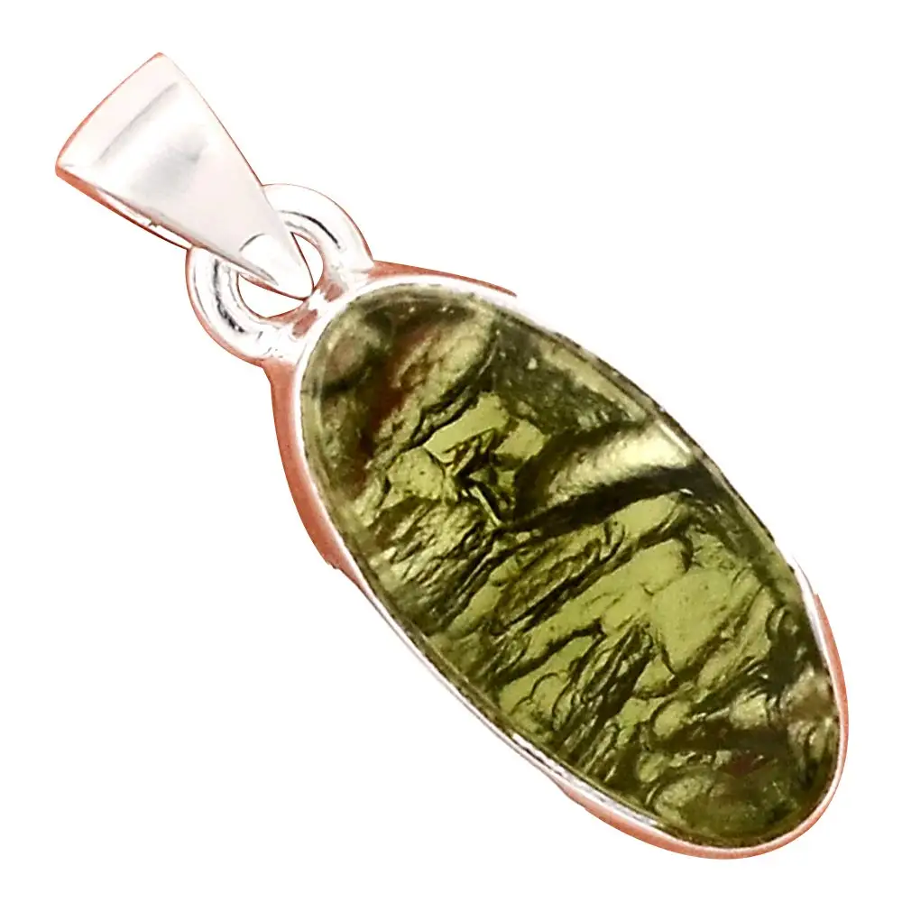 

Genuine Cabochon MOLDAVITE Pendant 925 Sterling Silver, 32 mm, MHBAP6009