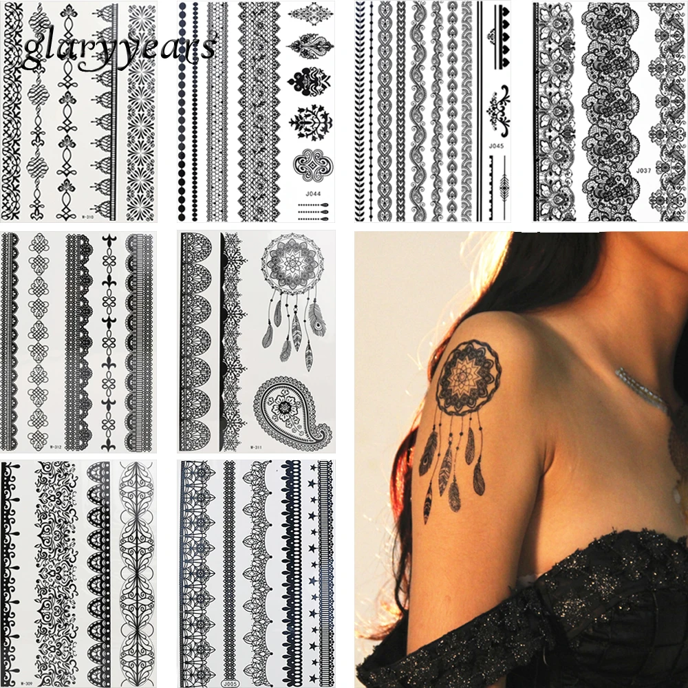 8 Blatter Temporare Tatowierungaufkleber Blume Spitze Schmuck Stil Gefalschte Schwarz Kette Armband Tattoo Weiblichen Diy Handgelenk Korper Kunst Aufkleber Heisser Tattoos Female Body Arttattoo Sticker Flower Aliexpress