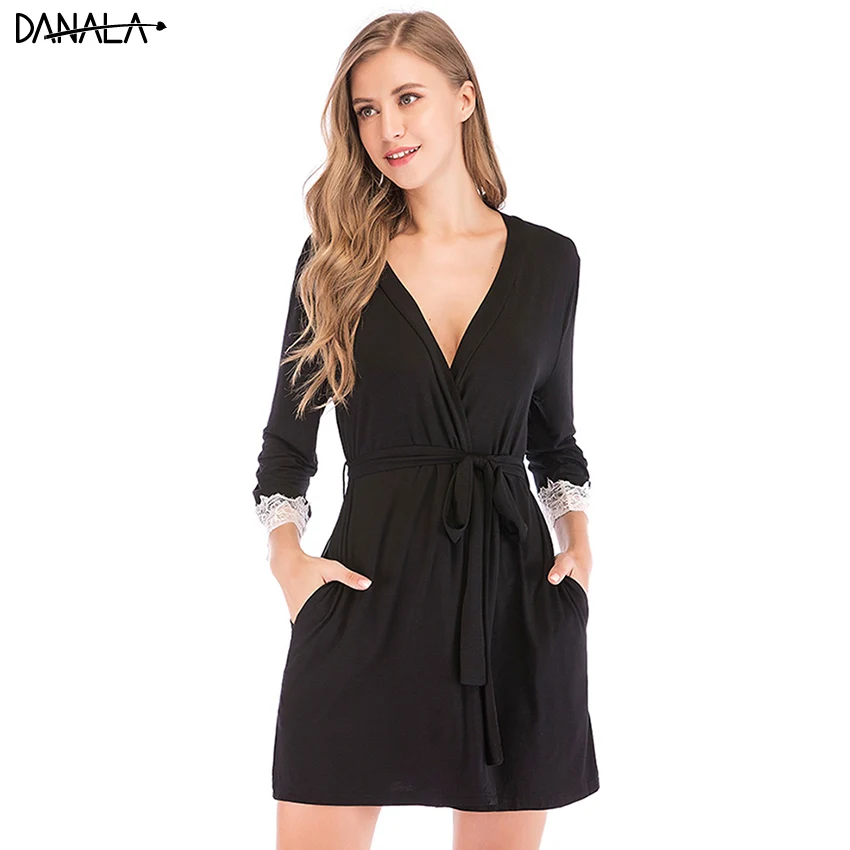 DANALA Sexy Lace Sleepwear Robe Women 2019 Summer Vogue Modal Bathrobes For Women Home Clothes For Women Home Wear Nightwear