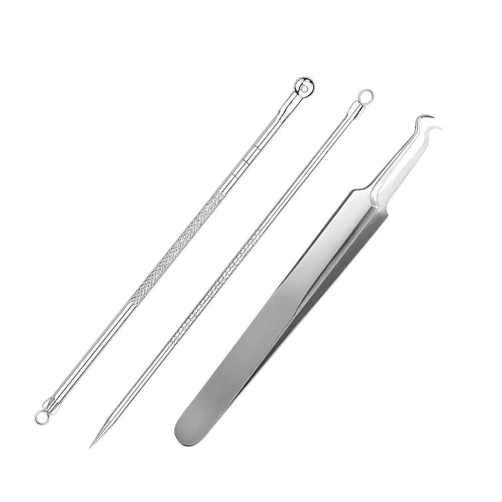 

3pcs Acne Tweezer Comedo Tools Set Stainless Steel Blackhead Extractor Pimple Needles Blackhead Remover Acne Clip Face Skin Care