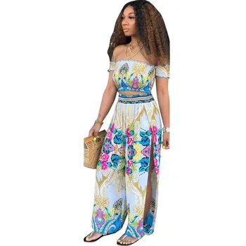 

Women Floral Print Slash Neck Two Piece Set Bohemian Crop Top Side Split Lantern Pants Sexy Suit Tracksuit Outfit