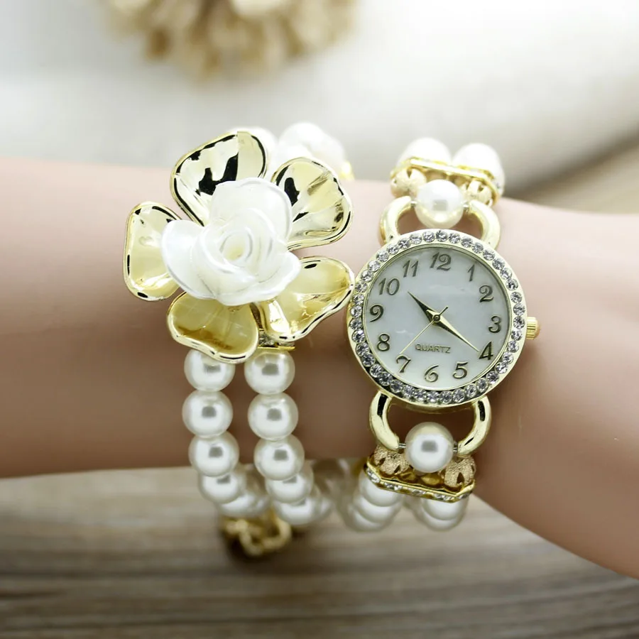 Shsby новые модные женские нарядные часы женские жемчужные цепочки белый цветок браслет кварцевые наручные часы женские Стразы Часы