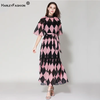 

Summer Runway Design Short Sleeve Maxi Long Chiffon Dress Plaid Printed Women Beach Lace Patchwork Bohemian Dresses High Quality