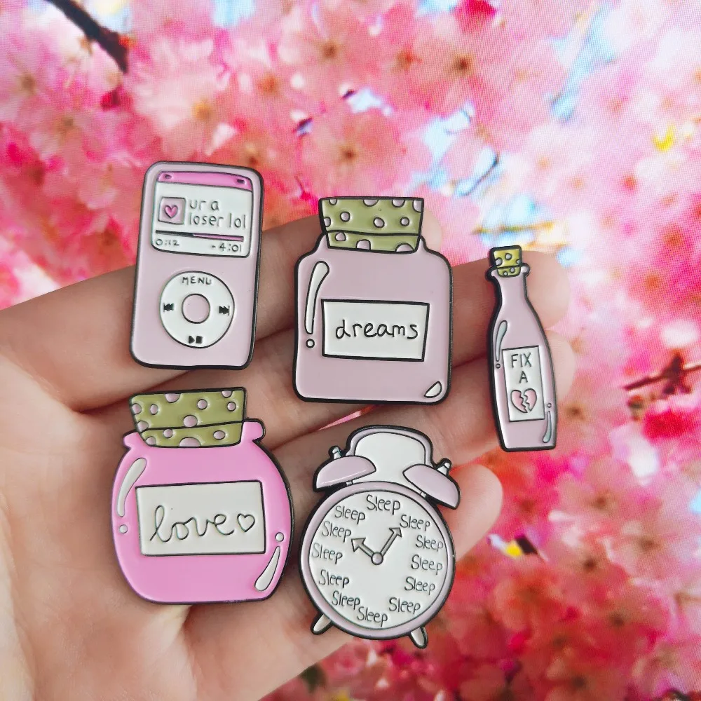 

Pink Girl Pins Collection Love potion Heart Repair Potion Clock MP3 Letter Enamel Lapel pin Badge metal Enamel Pins Brooches