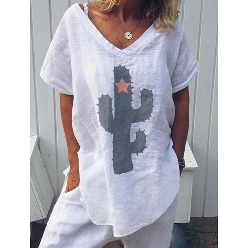 Summer Hot Popular Womens Casual  Plant Printing  Cotton Linen V Neck T Shirt Ladies Summer Baggy Short Sleeve Tops Blouse 2019
