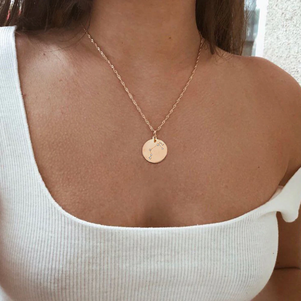 

1PC Exquisite Gold Disk Constellation Zirconia Necklace Women Crystal Celestial Zodiac Pendants Necklace Best Lover Gift Jewelry