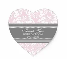 1.5inch Gray Pink Damask Thank You Wedding Favor Tags Heart Sticker