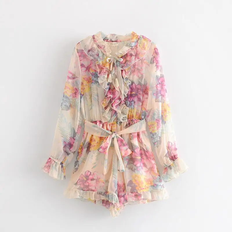 

2019 Floral print Ruffles Chiffon Beach Women Platsuits Summer Long sleeve Ruffles Collar Casual Jumpsuits Female vestidos#C511