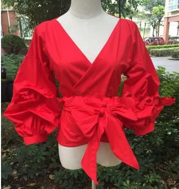 S-4XL летние блузки женские черные модные сексуальные V шеи женский с пышными рукавами большой бант блуза со шнуровкой рубашки с длинным рукавом Женские рубашки топы - Цвет: Красный
