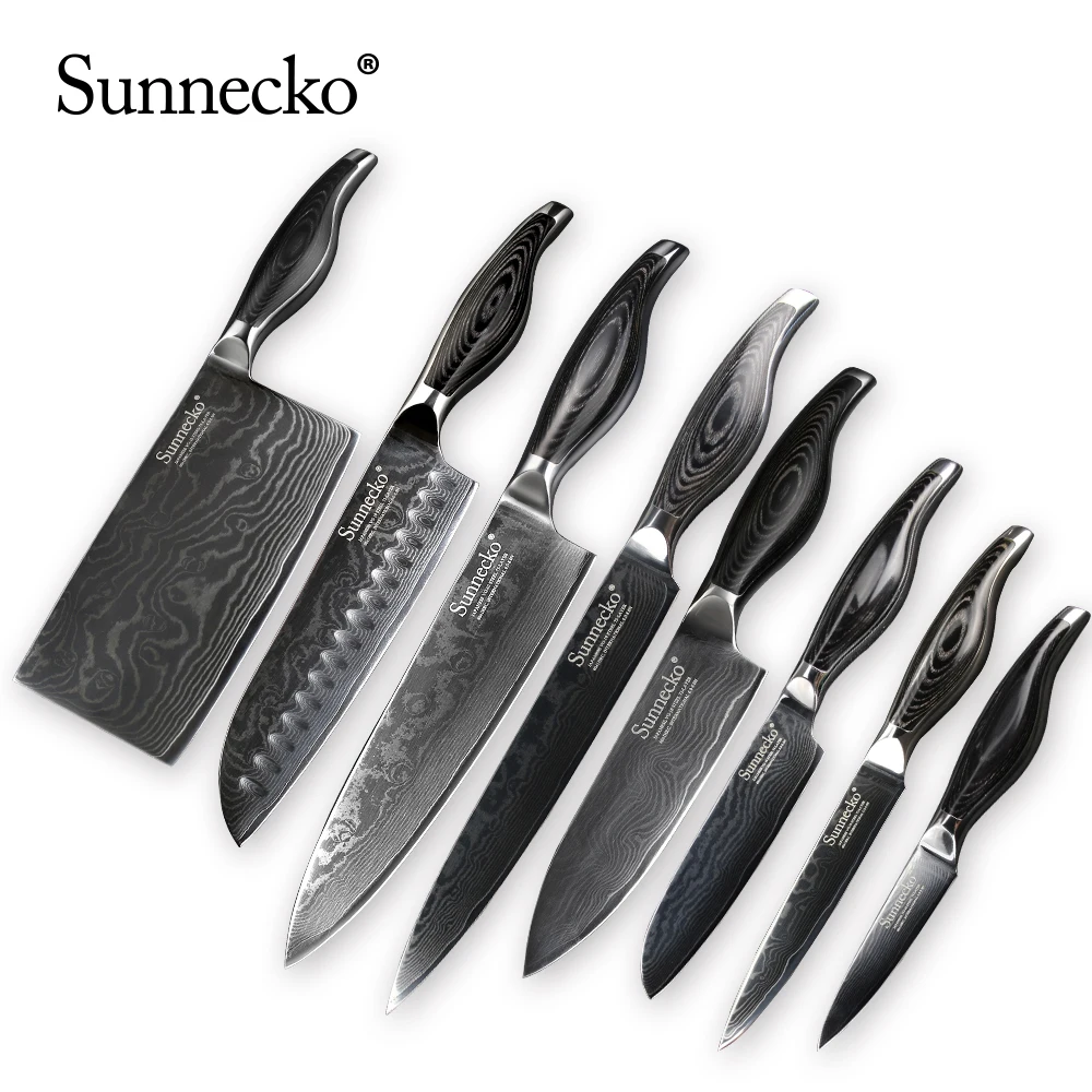 Sunnecko 8pcs Damascus Steel Knives Sets Gift Box Chef Kitchen Knife Set Utility Bread Santoku