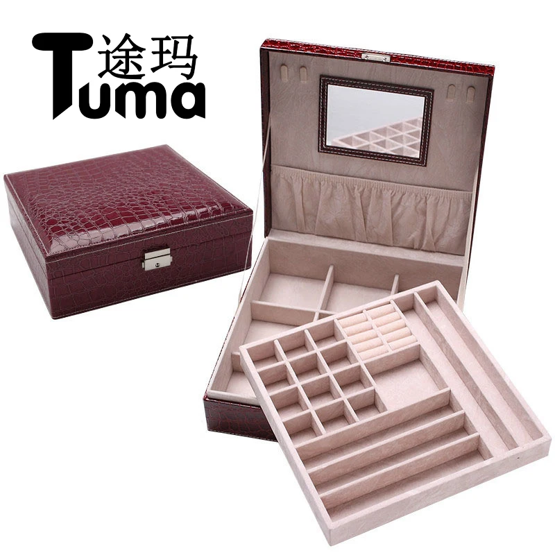 Tuma  2017 New style Crocodile Pattern Leather Jewelry Box Fashion Jewelery Box With  Mirror  Double Layers Store Box