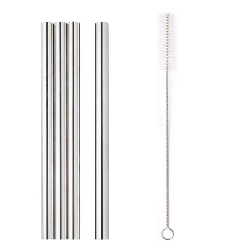 4PC Reusable Drinking straws High Quality Stainless Steel Metal Straws siliver Extra Wide 12mm Straws Cleaning Brush #3n05#f (3)
