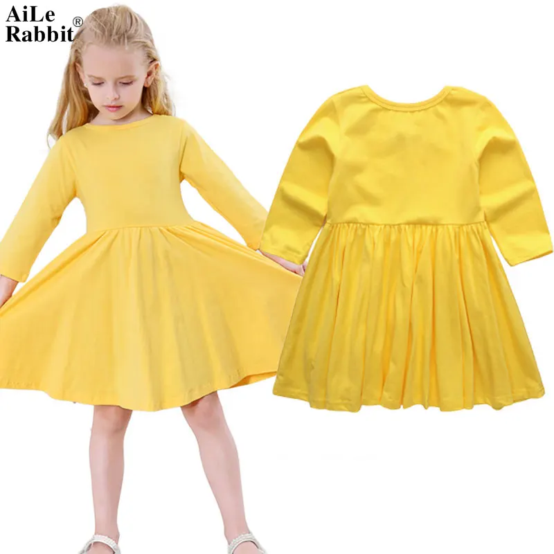 AiLe Rabbit Kids Girls Dresses Long Sleeve Fall New INS Hot Princess Dress Cotton Children's Clothing Big Yellow k1 | Детская одежда