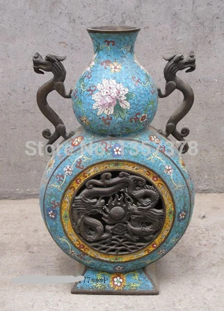 

shitou 00619 20"Huge China vintage Cloisonne bronze Two dragon play ball Lotus bat Vase discount 30% (C0324)