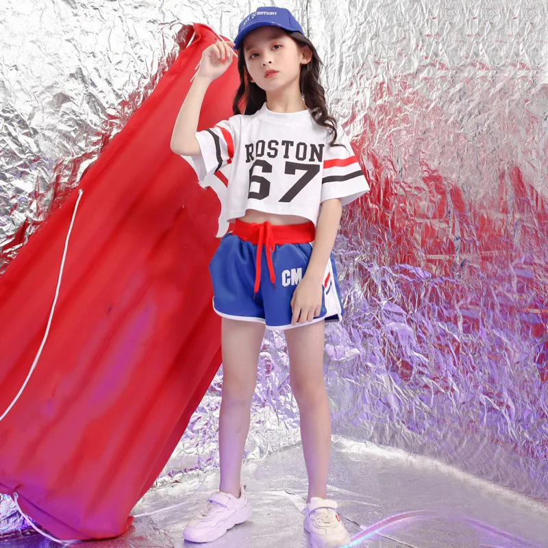 Children Girls Crop White top shorts Street Dance Costume Hip Hop Jazz Dance Clothing Set Stage Performance Dancewear 4-18 years (4)