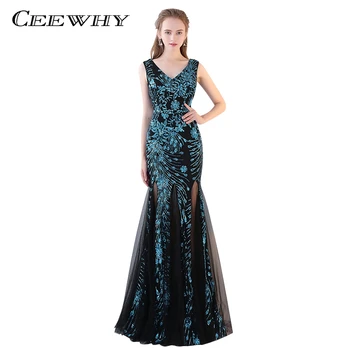 

CEEWHY Deep V-Neck Pattern Long Tulle Dress Sequined Evening Dress Party Gowns Mermaid Prom Evening Dresses Avond Jurken