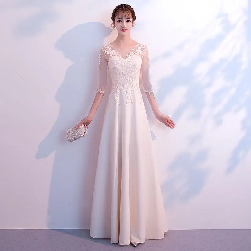 Новое бордовое сексуальное платье невесты с круглым вырезом тонкое длинное банкетное женское платье Ципао элегантное платье высокого качества с рукавом до локтя XS-2XL - Цвет: White B