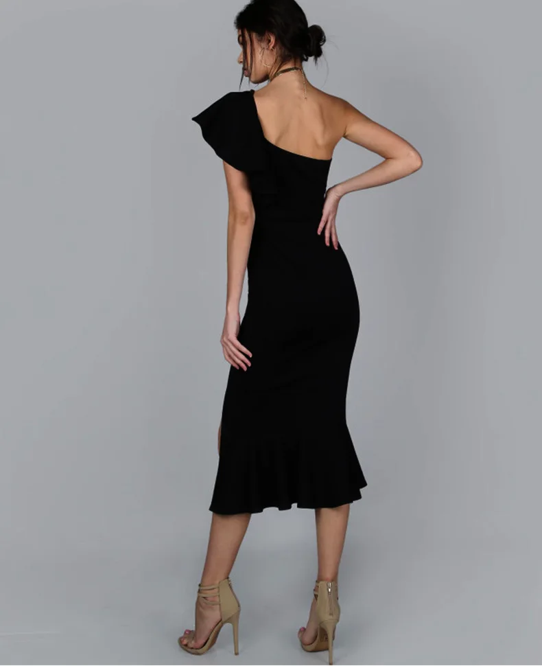 

New 2019 Mermaid Party Dress Women One Shoulder Frill Peplum Hem Sexy Elegant Summer Dresses Slim Ruffle Split Bodycon Dress