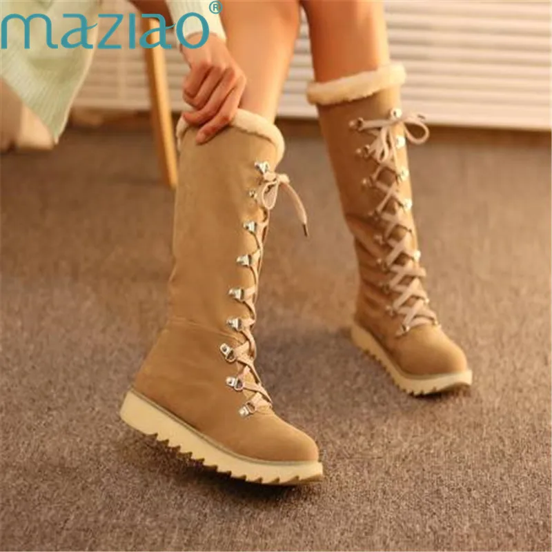 Зимние ботинки; женская короткая плюшевая Обувь На Шнуровке; обувь на низком каблуке, сохраняющая тепло; нескользящая модная обувь бежевого цвета; MAZIAO