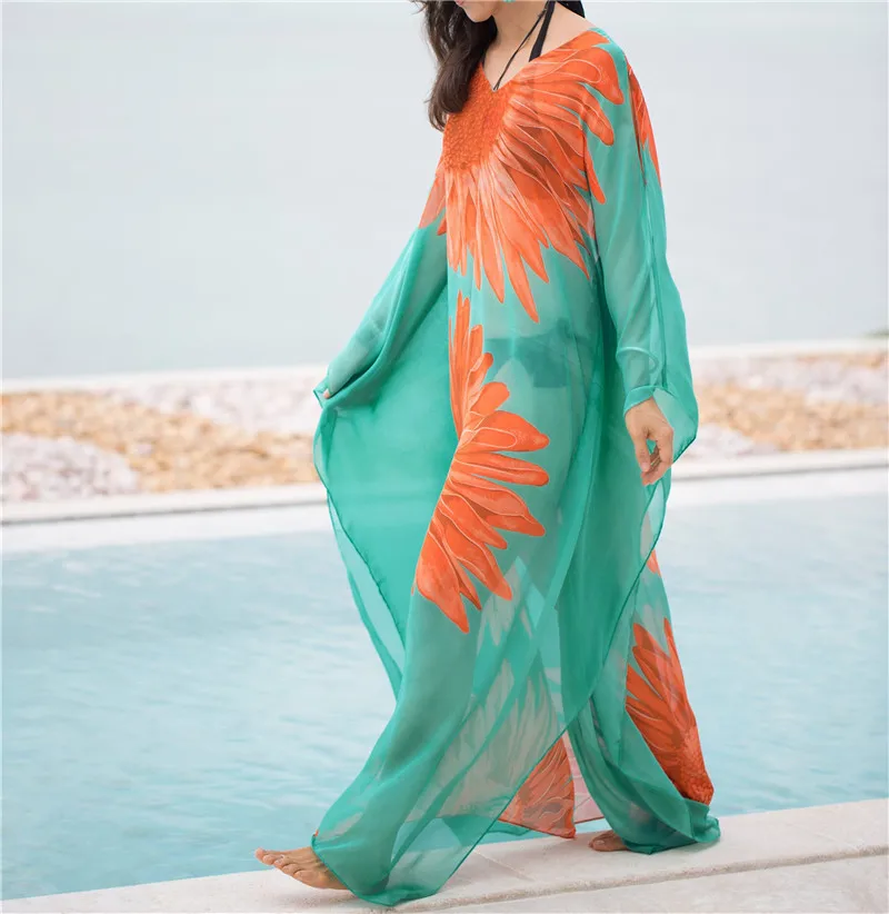 Chiffon Long Beach Cover up Women Dresses Robe de Plage Vestidos Playa Bikini cover up Pareos de Playa Mujer Beachwear #Q1041