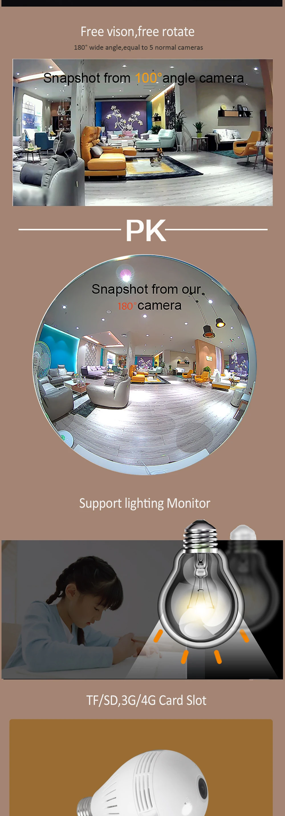 1080P HD Wireless Dome IP Camera Bulb Wi-Fi 360 Degree FishEye VR Audio Home CCTV Security Light Module Camera 3