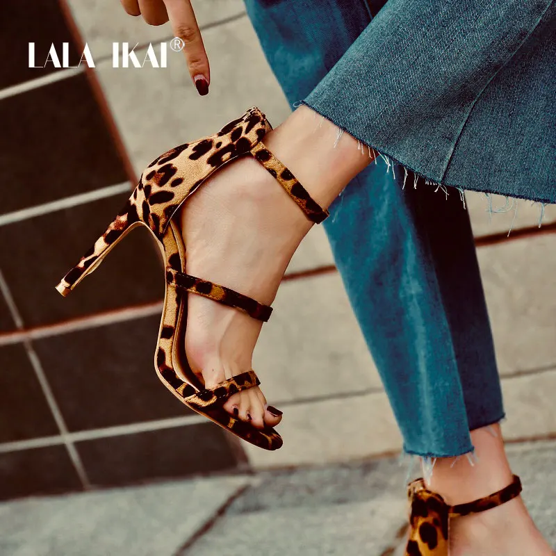 

LALA IKAI Women High Heel Sandals Summer Leopard Flock Buckle Strap Ladies Sandals Thin Heel Sandalie Female 014C3405-4