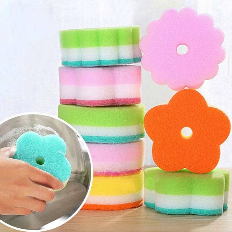 

Sponges Scouring Pads Flower Shape Sponge Brush Tableware Glass Wash Dishes Sponge Kitchen Home Cleaning Tool