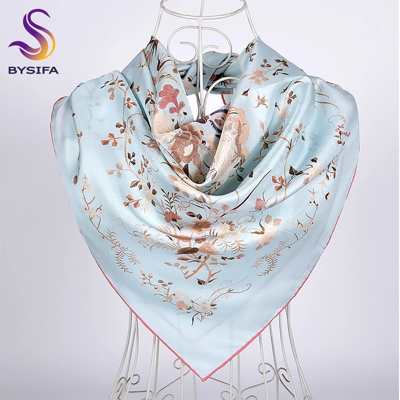 

[BYSIFA] New Blue Silk Scarf Shawl 2019Top Grade White Crane Design Twill Large Square Scarves Fall Winter Neck Scarf Hijab 90cm