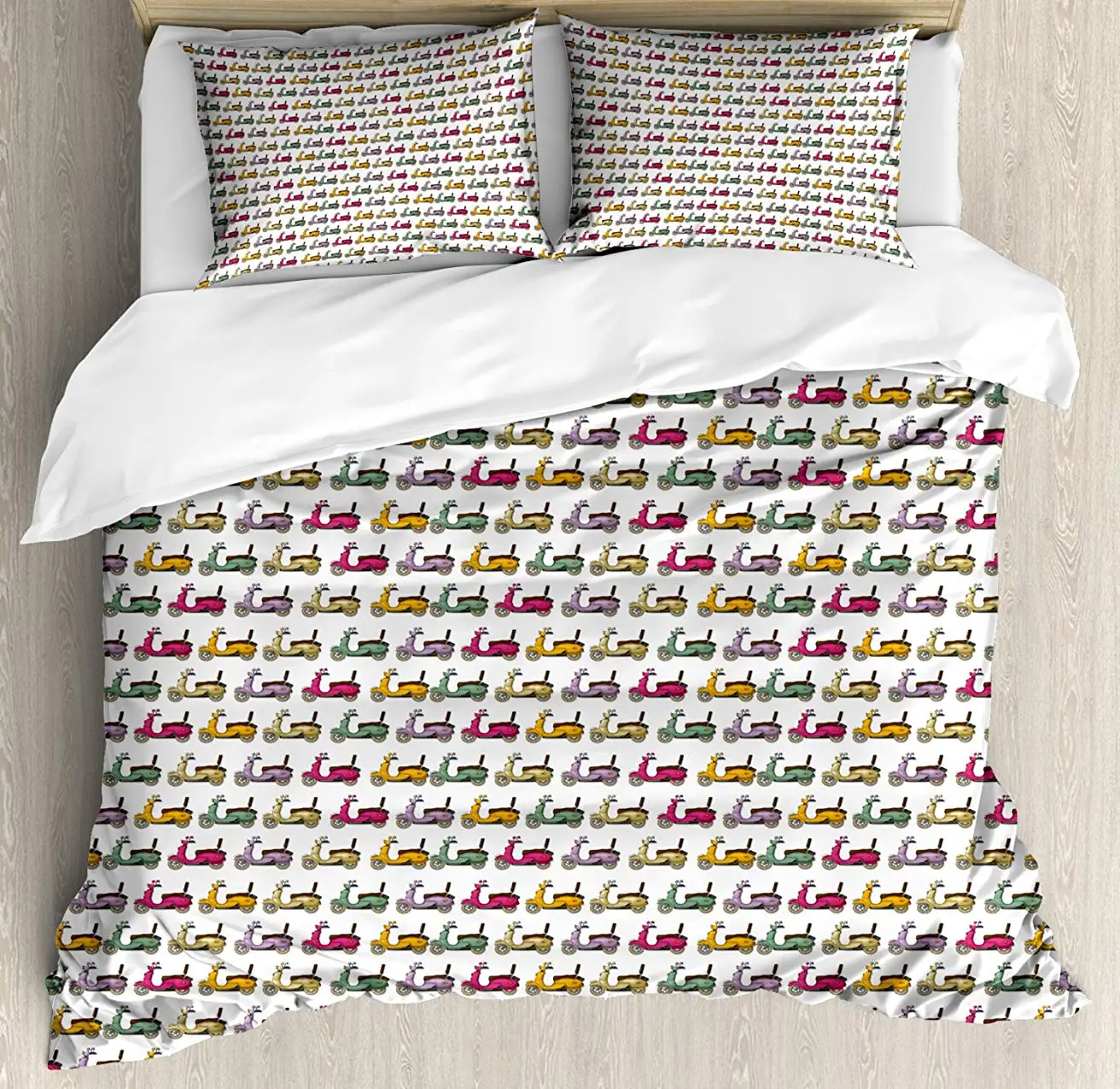 

Motorcycle Duvet Cover Set Cartoon Style Scooters with Seatbacks and Round Mirrors Showing off in Parade 3 Piece Bedding Set