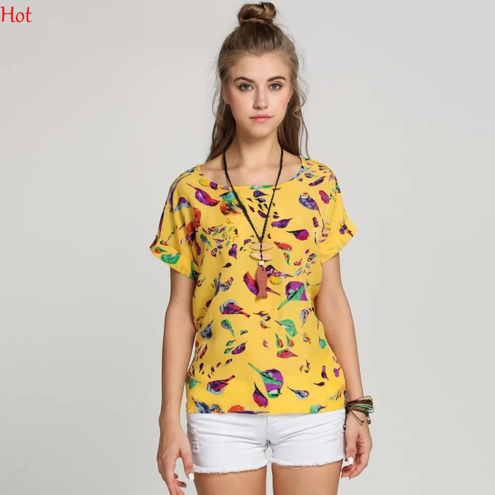 Summer Style Fit Print Shirt Womens Birds Blouse O Neck