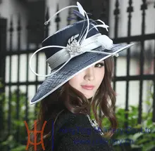 vintage New Ladies’ 100% Polyester Floppy Feather Wide Brim Kentuky Derby Wedding Dress Hats Women church Formal Hat Navy