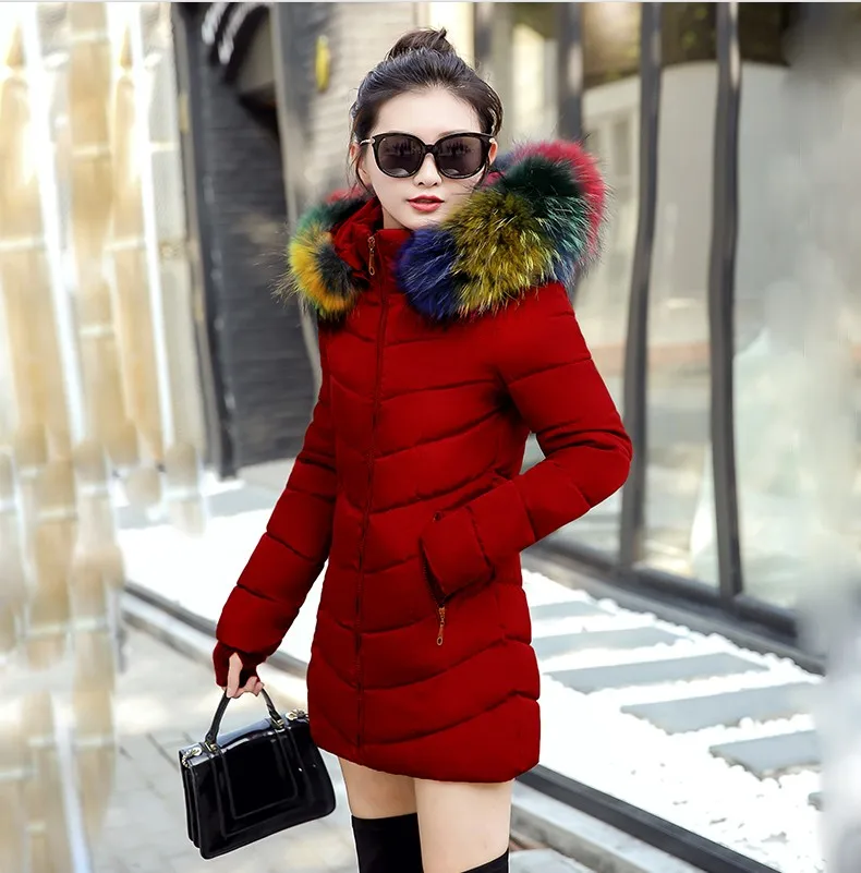 Зимняя женская куртка, Женское пальто с капюшоном, тонкая верхняя одежда, Женская длинная парка из искусственного лисьего меха, с хлопковой подкладкой, abrigos mujer invierno - Цвет: Red wine