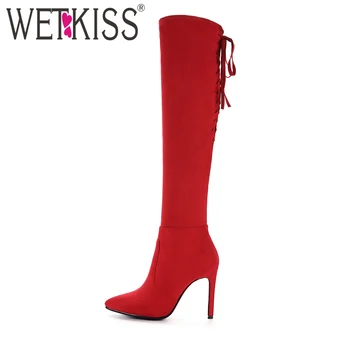 

WETKISS 2018 Plus Size 33-43 New Women Knee High Boots Sexy Thin High Heels Pointed toe Winter Boots Cross tied Zipper Footwear