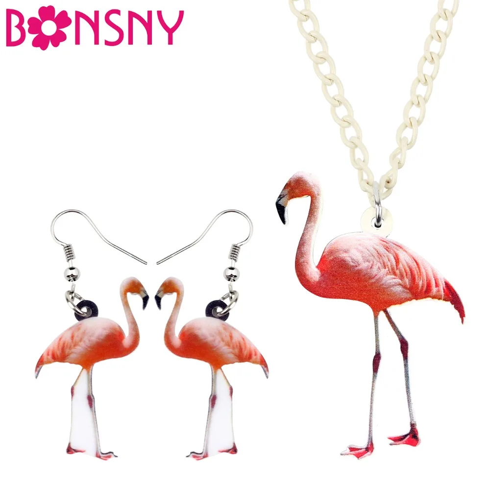 

Bonsny Acrylic Jewelry Sets Flamingo Bird Necklace Earrings Choker Fashion Animal Pendant For Women Girls Teens Gift Decoration