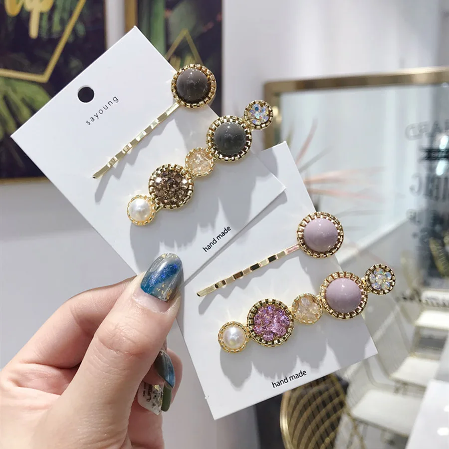 

Haimeikang Korean Style Girls Hair Clips Geometric Pearly Alloy Women Hair Accessories Rhinestone Elegant Summer Hairpins 2019