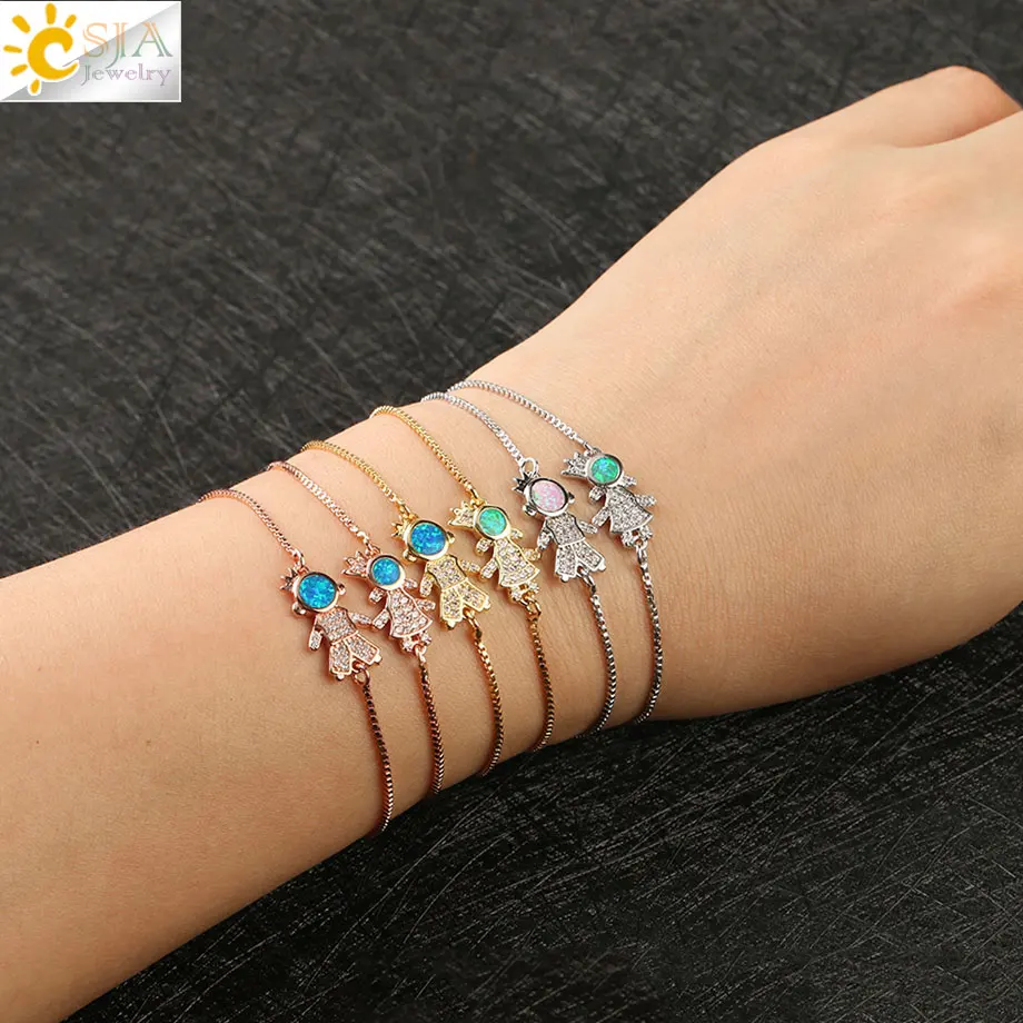 

CSJA Pave Zircon Girl & Boy Charms Bracelet Adjustable Chain Bracelets Round Opal Spacer Beads CZ for Women Fashion Jewelry G100