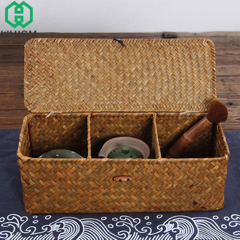 

WHISM 3 Grid Storage Box Woven Sundries Container Rattan Jewelry Box Seagrass Makeup Organizer Cosmetics Storage Boxes Bins