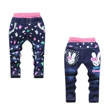 Новые весенне-осенние джинсы для маленьких девочек детские брюки с рисунком котенка и кролика детские повседневные штаны розничная, для детей возрастом от 2 до 5 лет