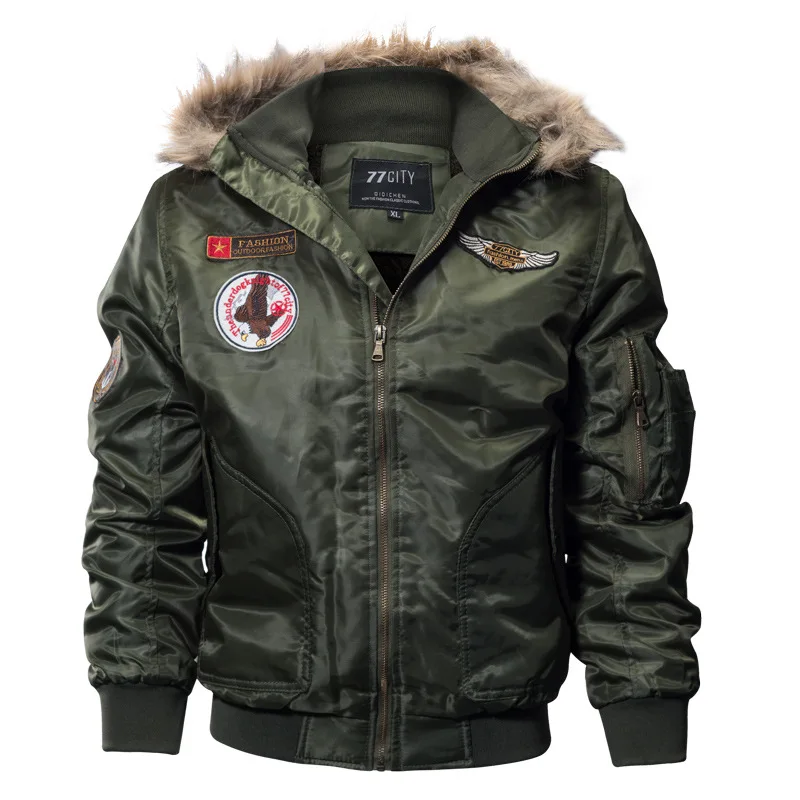 

Men 2019 Winter Parkas Motorcycle Jacket Military Pilot Jacket Army Coat Outerwear Hooded embroidery 3D printing velvet parkas