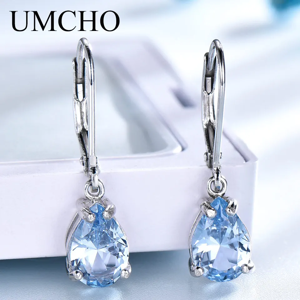 

UMCHO Solid 925 Sterling Silver Clip Earrings For Women Sky Blue Topaz Gemstone Wedding Fashion Fine Jewelry Valentine's Gift