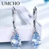 Pendientes de Clip de plata sólida 925 UMCHO para mujer, piedras preciosas de Topacio azul cielo, joyería fina de moda para boda, regalo de San Valentín ► Foto 1/5