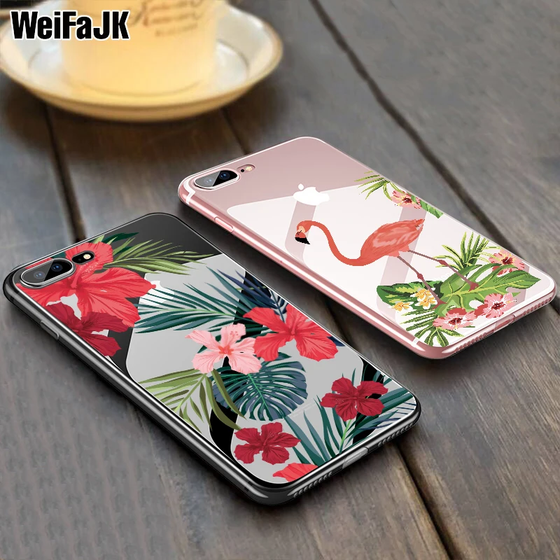 

WeiFaJK Girl Flower Silicone Case For iPhone 7 6 5s Cases Flamingo Leaves Case For iPhone 6 6s 7 8 Plus X Clear Soft TPU Cover