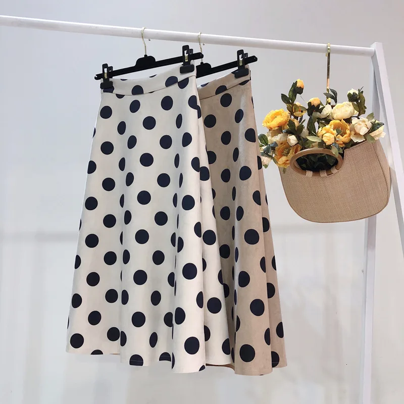 

2019 Spring Autumn Woman Vintage High Waist Polka Dot Print A Line Suede Skirt Chic Woman Knee-length Midi Harajuku Skirt Faldas