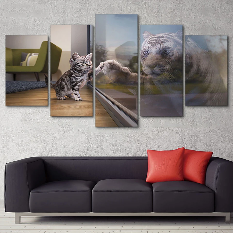 

Framed Art Canvas Wall HD Modular 5 Panel Little Cats And Tiger Modern Animal Pictures Living Room Home Decoration Printing