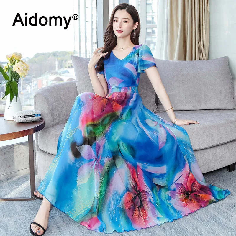 

Flowers Summer Dress For Women v Neck Short Sleeve Long Dresses Elegant Ladies Casual Wear Chiffon Dress Female Vestidos