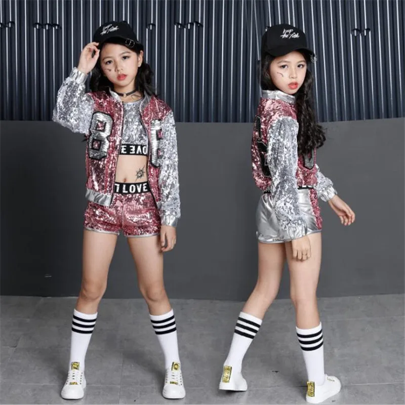 

Girls Sequin Ballroom Jazz Hip Hop Dance Competition Costume Tank Tops Shorts Jackets Coat for Kid Dancing Clothing Clothes Wear
