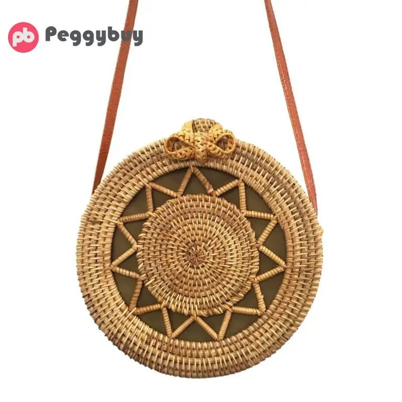 

Summer Beach Hand Woven Women Message Bag Ladies Travel Round Rattan Straw Bags Satchel Wind Bohemia Beach Circle Bag