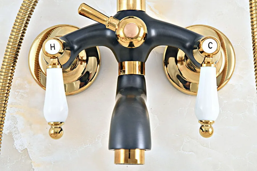Масло втирают бронзовый Смесители для ванной золото латунь телефон стиль смесители для ванной ручной душ опрыскиватель двойной крест