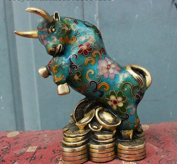 

free Folk Chinese Cloisonne Enamei Bronze Gilt Yuanbao Money Bull Oxen Animal Statue fast